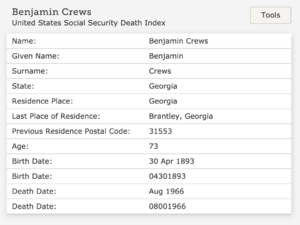 Benjamin Crews - United States Social Security Death Index.png