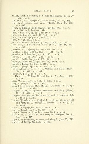 Vital records of Salem, Massachusetts, to the end of the year 1849, Volume 1, Births, Page 35.jpg