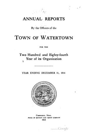 Annual Reports by the officers of the town of Watertown for the two hundred and eighty-fourth year of the organization-Title Page.jpg