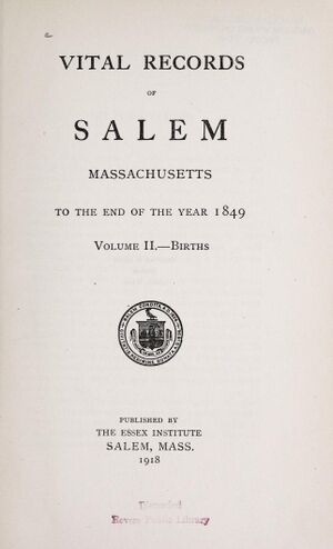 Vital records of Salem, Massachusetts, to the end of the year 1849, Volume 2, Births, Title Page.jpg